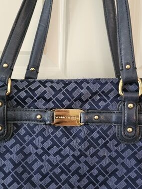 Tommy Hilfiger Navy Jacquard Shoulder Tote with Gold Hardware
